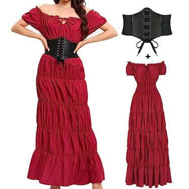 Imagem de BITSEACOCO Vestido feminino medieval renascentista, fantasia de bruxa camponesa de pirata de Halloween, vestidos longos de chemise de fada irlandesa, Vinho tinto, P