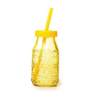 Imagem de Garrafinha Detalhe Étnica 260ml de Vidro Amarelo com Tampa e Canudo pa