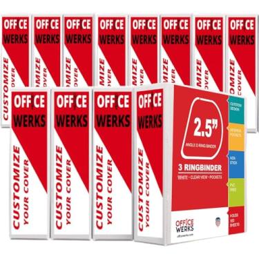 Imagem de Pasta Office Werks com 3 anéis, anel D profissional de 6 cm, 12 pastas de apresentação para páginas padrão 21 x 28 com bolsos, branco transparente (pacote com 12)