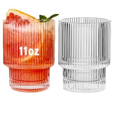 Imagem de Conjunto de 2 copos de vidro canelados, copo de vidro transparente estilo origami, café gelado, coquetel, cerveja, copos de suco