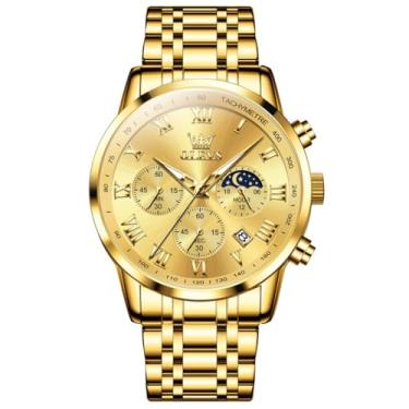Imagem de OLEVS Relógio masculino de luxo, analógico, quartzo, à prova d'água, luminoso, aço inoxidável, data, dois tons, casual, relógio de pulso masculino, G5529 - todo dourado, round, Relógio de luxo