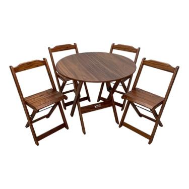 Imagem de Mesa Dobrável de Madeira Redonda 90cm com 4 Cadeiras Imbuia - Tarimatã