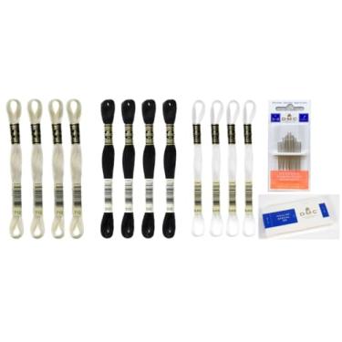 Imagem de Fio dental bordado DMC Mouline especial preto (310), creme (712), branco (branco), conjunto de fios de 3 cores com agulhas de mão de bordado DMC 3-9, suprimentos INCELER
