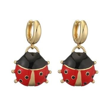 Imagem de Brincos de argola pequenos com pingente de joaninha fofo para mulheres, besouro delicado adorável preto vermelho esmaltado joaninha gota de inseto, brinco de presente moderno com animais da sorte