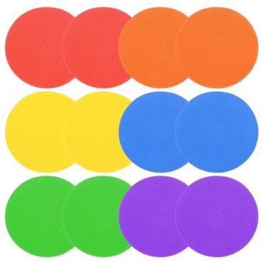 Imagem de PATIKIL Marcadores de poliéster de 23 cm, 12 peças de pontos de borracha antiderrapantes com bolsa de armazenamento, cones planos de agilidade para treinamento esportivo, basquete, futebol, cores