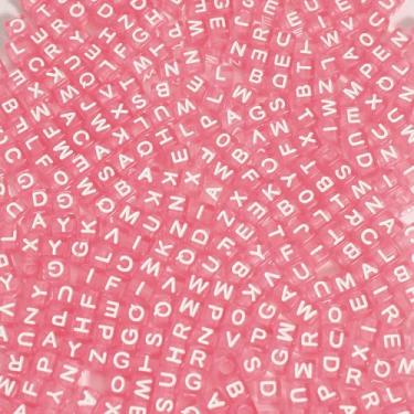 Imagem de 1200 peças 6 × 6 mm contas do alfabeto cubo rosa transparente acrílico contas de letras brancas, para pulseiras e fabricação de joias