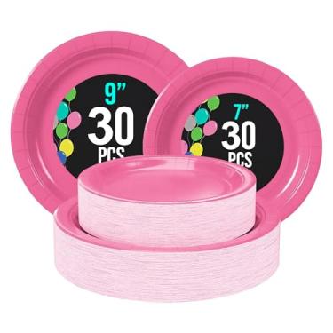 Imagem de Yuxitia Pratos de papel descartáveis, conjunto de 60 unidades, inclui kit de papelão resistente de 76 a 23 cm e 76 a 17 cm de sobremesa para festas, aniversário, casamento (rosa)