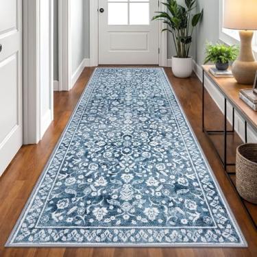 Imagem de SILOLOOM Tapete de corredor vintage 7 x 20 cm, tapete de corredor lavável azul e branco, antiderrapante, tapete de corredor de cozinha super macio, estampa de lã sintética floral, tapete fino para