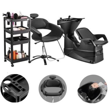 Imagem de Kit Salão de Beleza Lavatório Champ + Cadeira Primma + Carrinho Auxiliar Junior - Dompel