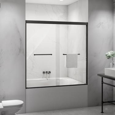 Imagem de Porta de chuveiro deslizante dupla com moldura de alumínio de níquel escovado com vidro temperado à prova de explosão de 6 mm (preto, 60 x 60)