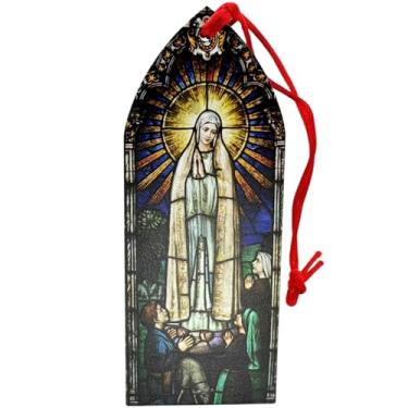 Imagem de Ornamento Nossa Senhora de Fátima para árvore de Natal de madeira feito nos EUA conjunto com cartão sagrado