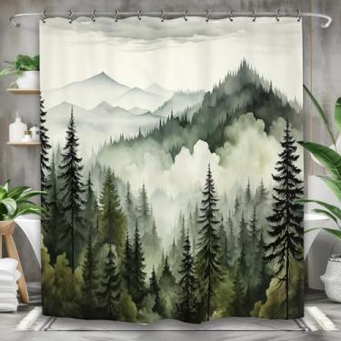 Imagem de Yookeb Cortina de chuveiro de banheiro floresta verde montanha 152 cm por 188 cm paisagem da natureza floresta pinheiro paisagem nebulosa tecido de poliéster nebuloso 12 ganchos de plástico à prova