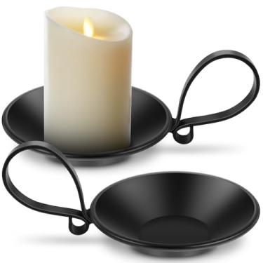 Imagem de DJAPWPX 2 peças de suporte de vela de coluna de ferro para decoração de mesa central, suporte de vela de pilar de base redonda, bandeja de vela decorativa com alça para sala de estar e restaurante