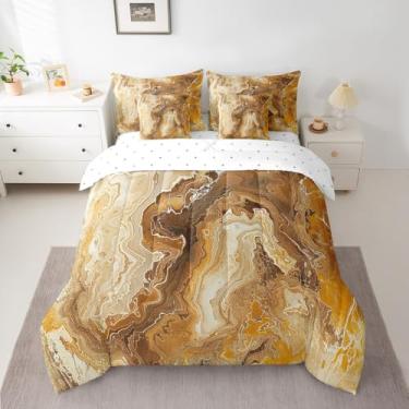 Imagem de Erosebridal Conjunto de edredom de mármore, 7 peças, tamanho casal, moderno, arte marmorizada, para adultos, homens, mulheres, pedra líquida, amarela, marrom, abstrata, conjunto de cama