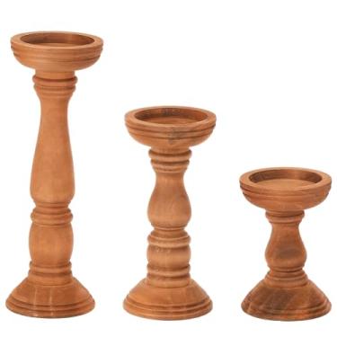 Imagem de 3 peças de castiçais redondos naturais para velas de pilar, estáveis, alturas variadas, decoração de casa de fazenda, sala de estar, estilo vintage, castiçais altos de madeira para mesa de jantar
