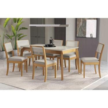 Imagem de Conjunto Sala de Jantar Petra Premium Madeira Maciça c/ Tampo Madeirado c/ Vidro 160x90cm e 6 Cadeiras Lola Carvalho/Off White - Linho Bege Argila-Kap