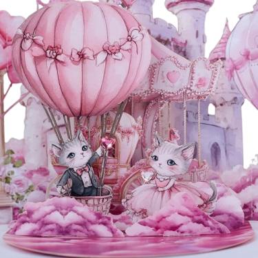 Imagem de Cartão de aniversário pop up para esposa, namorada, casal, namorado - cartão de aniversário romântico, lindo cartão de dia dos namorados 3D com castelo, roda gigante, balões de ar quente e casal de