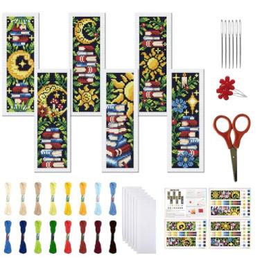 Imagem de FREEBLOSS Conjunto de 6 conjuntos de marcadores de página de ponto cruz para adultos iniciantes kits de ponto cruz estampado sol e lua kit de marcadores de livro bordado para presente de artesanato 11