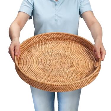 Imagem de Bandeja de servir de vime, cesta redonda de vime para servir frutas/pão, bandeja decorativa extra grande para sala de estar, mesa de centro, café da manhã, 43 cm