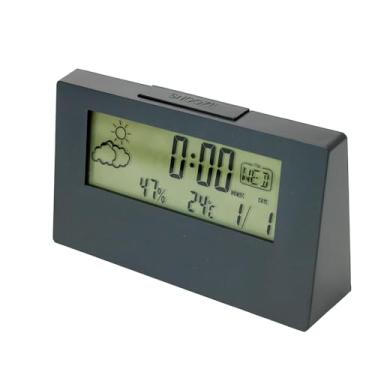 Imagem de Relógio Digital de Mesa com Display LCD, Termômetro, Calendário e Despertador, Preto, Formato Retangular para Mesa de Cabeceira