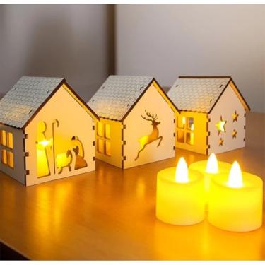 Imagem de Trio de Casinhas Natalinas Brancas com LED Vela, MDF, Pisca Pisca, Decoração de Natal, 10x8 cm, 3 Peças