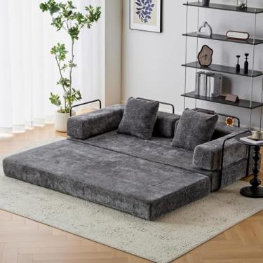 Imagem de Sofá-cama conversível, sofá-cama de 196 cm tamanho casal com apoios de braço em forma de L, sofás-cama queen size para sala de estar pequena para sala de estar, quarto, chenille, cinza escuro
