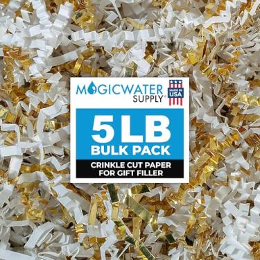Imagem de Papel de corte enrugado MagicWater para cestas de presente - 2,3 kg - branco e dourado - perfeito para enchimento de papel desfiado, enchimento de cestas, caixas de presente, presentes de dama de