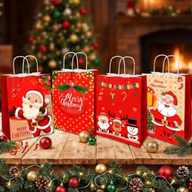 Imagem de Kit 10 Sacolas de Presente Natalinas de Papel 26cm com Alça Estampas Sortidas para Panetone e Lembranças