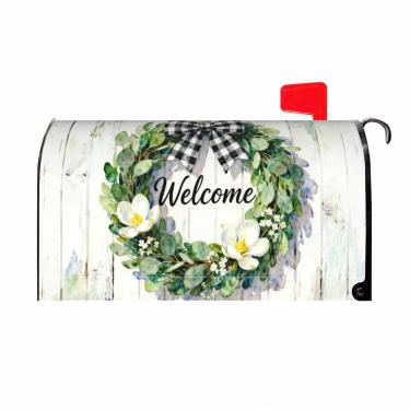 Imagem de Capas de caixa de correio Spring Welcome tamanho padrão magnético folha de eucalipto verde flor xadrez laço madeira rústica ao ar livre verão sazonal caixa de cartas caixas para decoração externa de