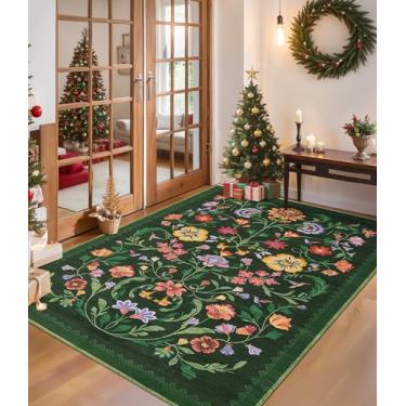 Imagem de Tapete lavável para sala de estar, tapete floral para quarto, macio boho antiderrapante com parte traseira de borracha, tapete floral vintage resistente a manchas para sala de jantar, verde