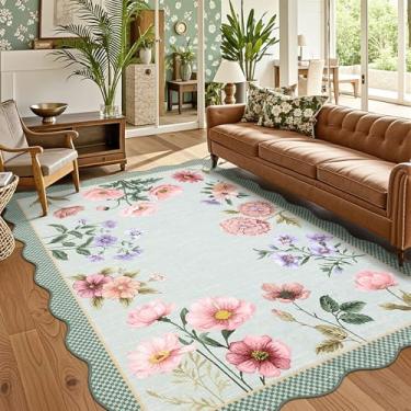 Imagem de GarveeHome Tapete floral recortado para sala de estar, tapetes de área de 12,5 x 17,8 cm, ultrafino, macio, lavável, tapetes antiderrapantes para quarto, resistente a manchas, boho de pelo baixo para