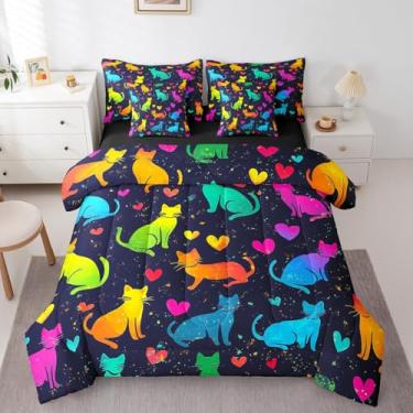 Imagem de Erosebridal Conjunto de edredom colorido de gato, tamanho Queen, 7 peças, para meninas, crianças, animais fofos, conjunto de cama com estampa de coração e arco-íris em uma bolsa