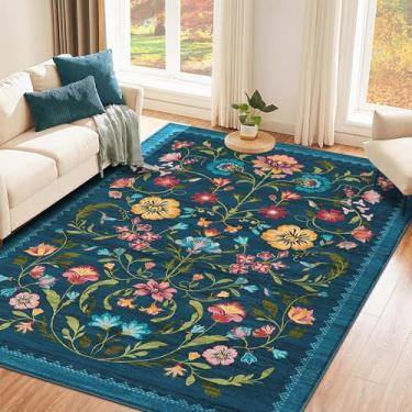 Imagem de Tapete lavável, tapetes de área de 10 x 15 cm para sala de estar, tapete floral para quarto, macio boho antiderrapante com parte traseira de borracha, tapete floral vintage resistente a manchas de