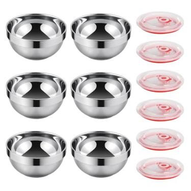 Imagem de ZANAUWEKED Conjunto de 6 tigelas de aço inoxidável para cozinha, tigela de aço inoxidável de 350 ml com tampas, tigela de sopa isolada de parede dupla, tigelas de metal para lanches, cereais, arroz