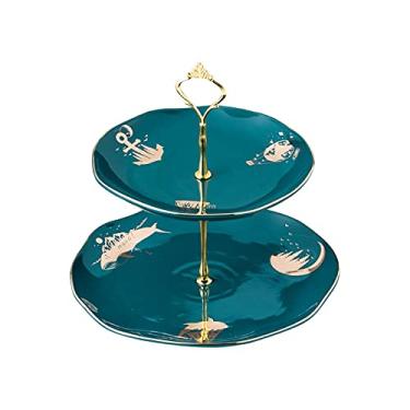 Imagem de Suporte de bolo de cerâmica verde para mesa de sobremesa de camada dupla destacável para cupcake com alça de metal, suporte de confeitaria para chá da tarde, suporte de cupcake