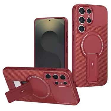 Imagem de LTLMYDAM Capa com suporte para Samsung Galaxy S26 Ultra/S26 Plus/S26, capa fina de policarbonato com textura de fibra de carbono, vermelha, S26 Plus