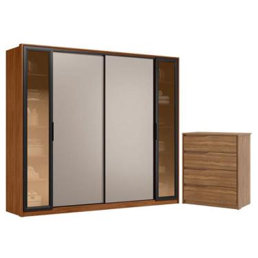 Imagem de Guarda Roupa Casal Laredo Nogueira Nude Prime TX Flex com Vidro Reflecta e Cômoda Átria 4 Gavetas Nogueira Touch Demóbile - Demartêz