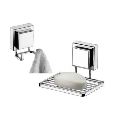 Imagem de Kit Banheiro 2 Peças Suporte Porta Sabonete Cabide Gancho Duplo Multiu