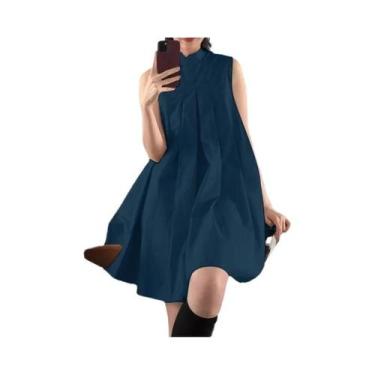 Imagem de Vestido Feminino Vintage Plissado Evasê, Sem Mangas, Gola Mandarim, Ro