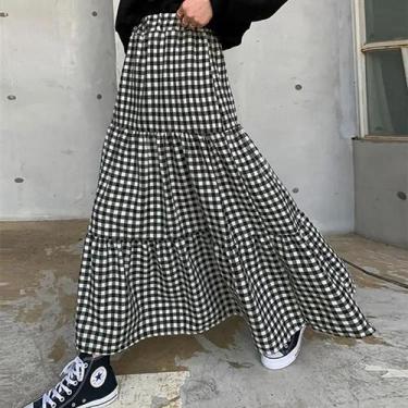 Imagem de Saia Maxi Xadrez Preto E Branco Para Mulheres, Cintura Elástica, A-lin