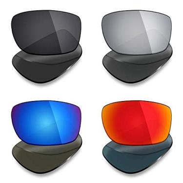 Imagem de 4 pares de lentes polarizadas de substituição Mryok para óculos de sol Oakley Monster Pup – Stealth preto/vermelho fogo/azul gelo/prata titânio