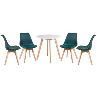 Imagem de Loft7, Kit Mesa redonda Leda 70 cm branco + 4 cadeiras estofadas Leda verde escuro