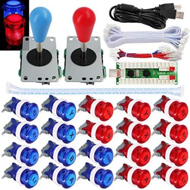 Imagem de SJ@JX 2 jogadores Arcade Game Stick DIY Kit Botões com logotipo LED 8 Way Joystick USB Codificador Cabo Controlador para PC MAME Raspberry Pi Vermelho Azul