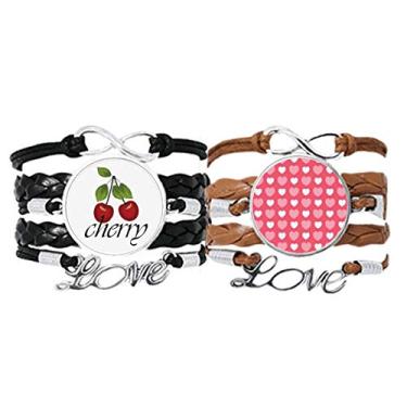 Imagem de Pulseira de mão com coração rosa e branco para dia dos namorados, pulseira de couro cereja, conjunto duplo