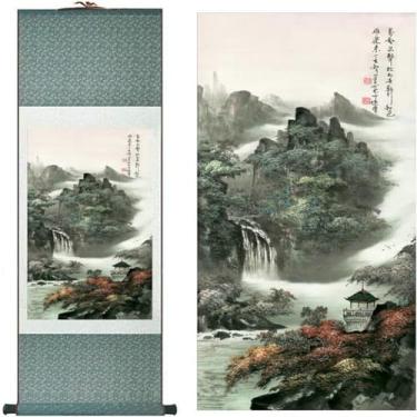 Imagem de Jaxiuk Decoração de parede asiática bela pintura de rolo de seda flor - montanha primavera outono decoração oriental arte chinesa pintura de parede rolo de pintura de parede (91,9 x 30,5 cm)