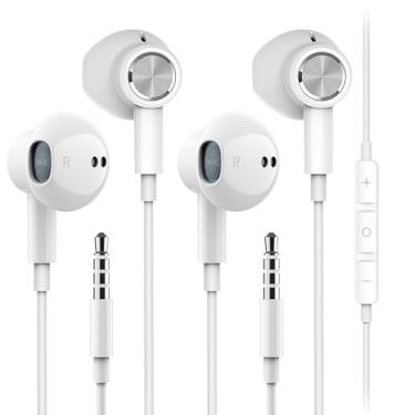 Imagem de [Pacote com 2] Fones de ouvido com fio, fones de ouvido com fio com microfone e controle de volume, fones de ouvido intra-auriculares HiFi estéreo, graves e áudio cristalino, compatível com iPhone,