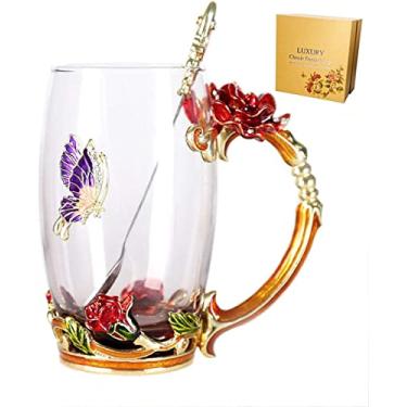 Imagem de Caneca de chá de vidro com flor de borboleta esmaltada, caneca de café rosa vermelha com colher, presente exclusivo para mulheres, esposa, irmã, avó, amigas, presente de aniversário para dia das mães,