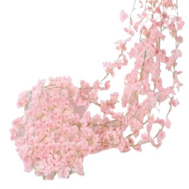 Imagem de Videiras artificiais de flor de cerejeira – trepadeiras de flores artificiais de cerejeira, plantas falsas penduráveis, decoração de cordão para casa, quarto, casamento e jardim