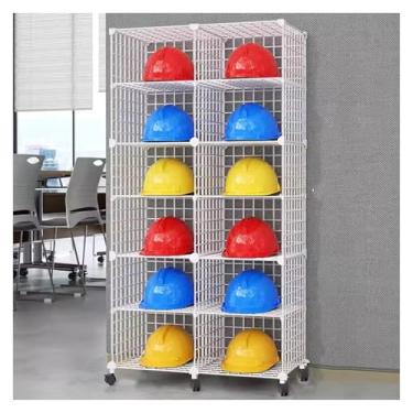 Imagem de Caixas de armazenamento de capacetes empilháveis com rodas - Rack organizador ajustável para locais de construção, oficinas e varejo, prateleira de exibição de 12 grades, moldura de ferro durável