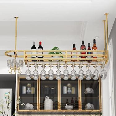 Imagem de (pt: Suporte de vinho montado no teto de 99,1 cm 119,4 cm, prateleira de vidro de vinho para parede, suporte ajustável para pendurar taças, suporte de armazenamento de vinho moderno, suporte de metal
